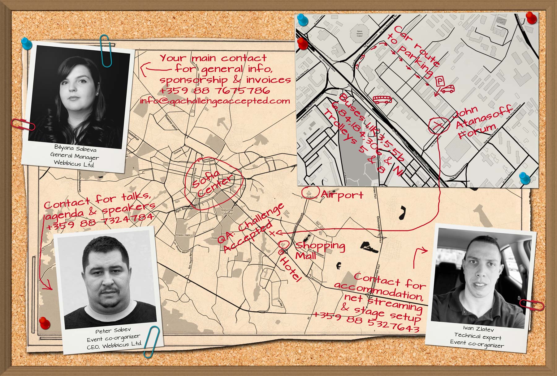 Map and main contacts for the QA: Challenge Accepted conference